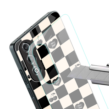black cherries check pattern back phone cover | glass case for oneplus nord ce 4