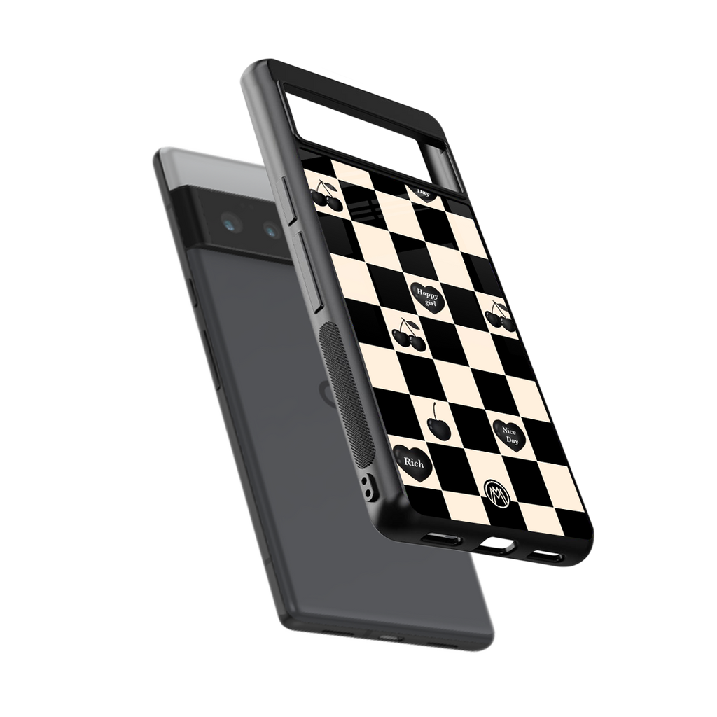 black cherries check pattern back phone cover | glass case for google pixel 6 pro