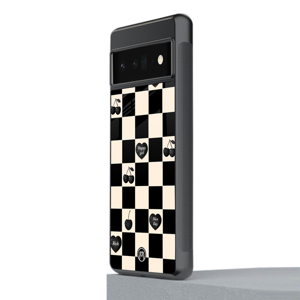 black cherries check pattern back phone cover | glass case for google pixel 6 pro