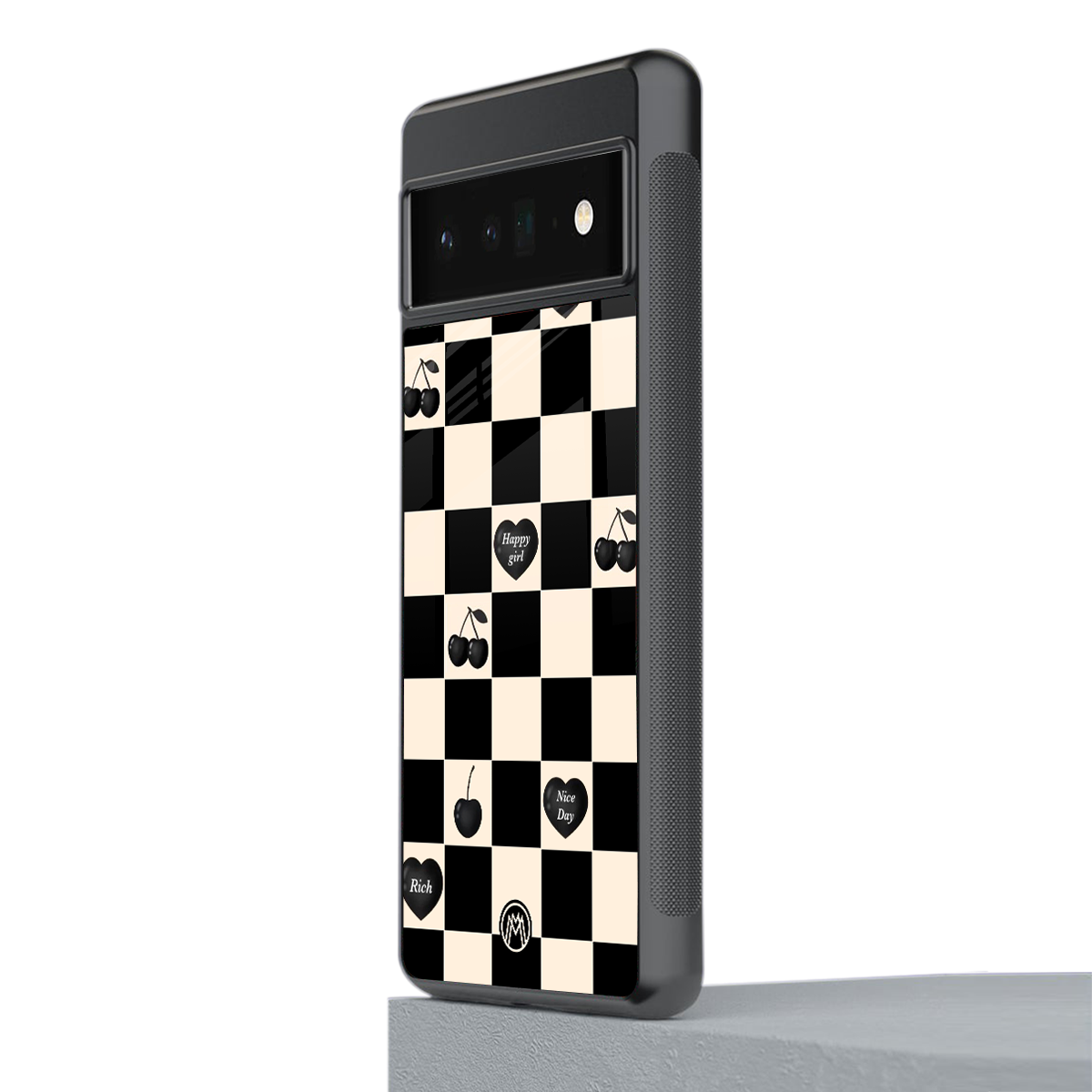 black cherries check pattern back phone cover | glass case for google pixel 6 pro