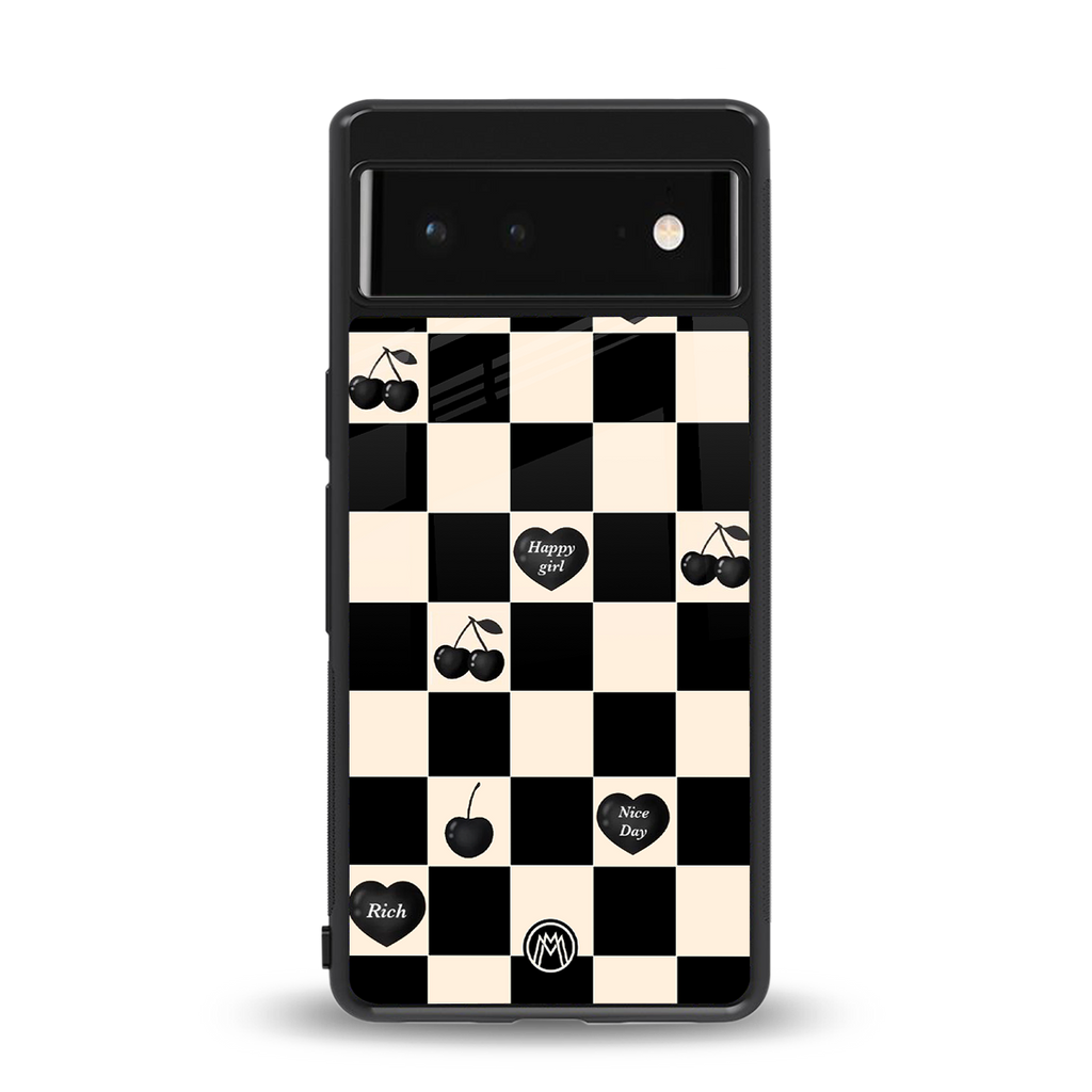 black cherries check pattern back phone cover | glass case for google pixel 6