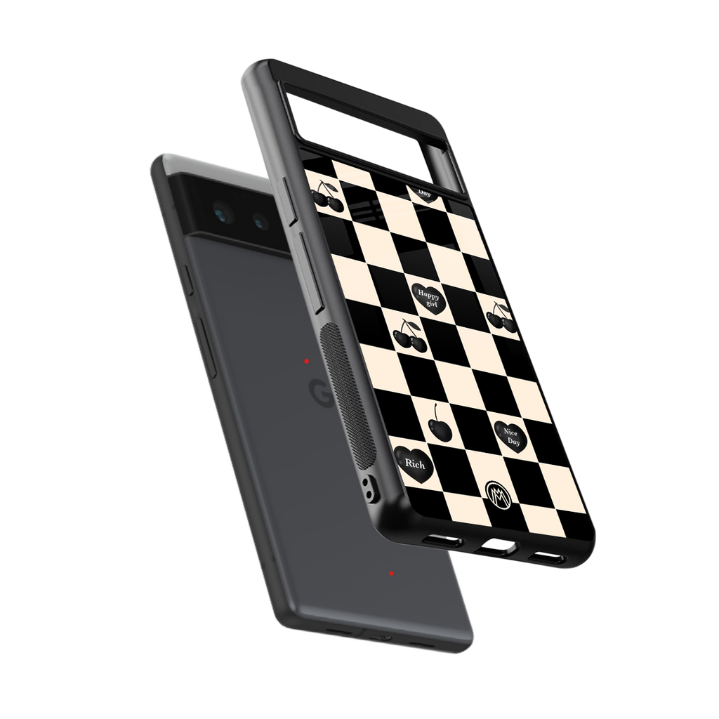 black cherries check pattern back phone cover | glass case for google pixel 6