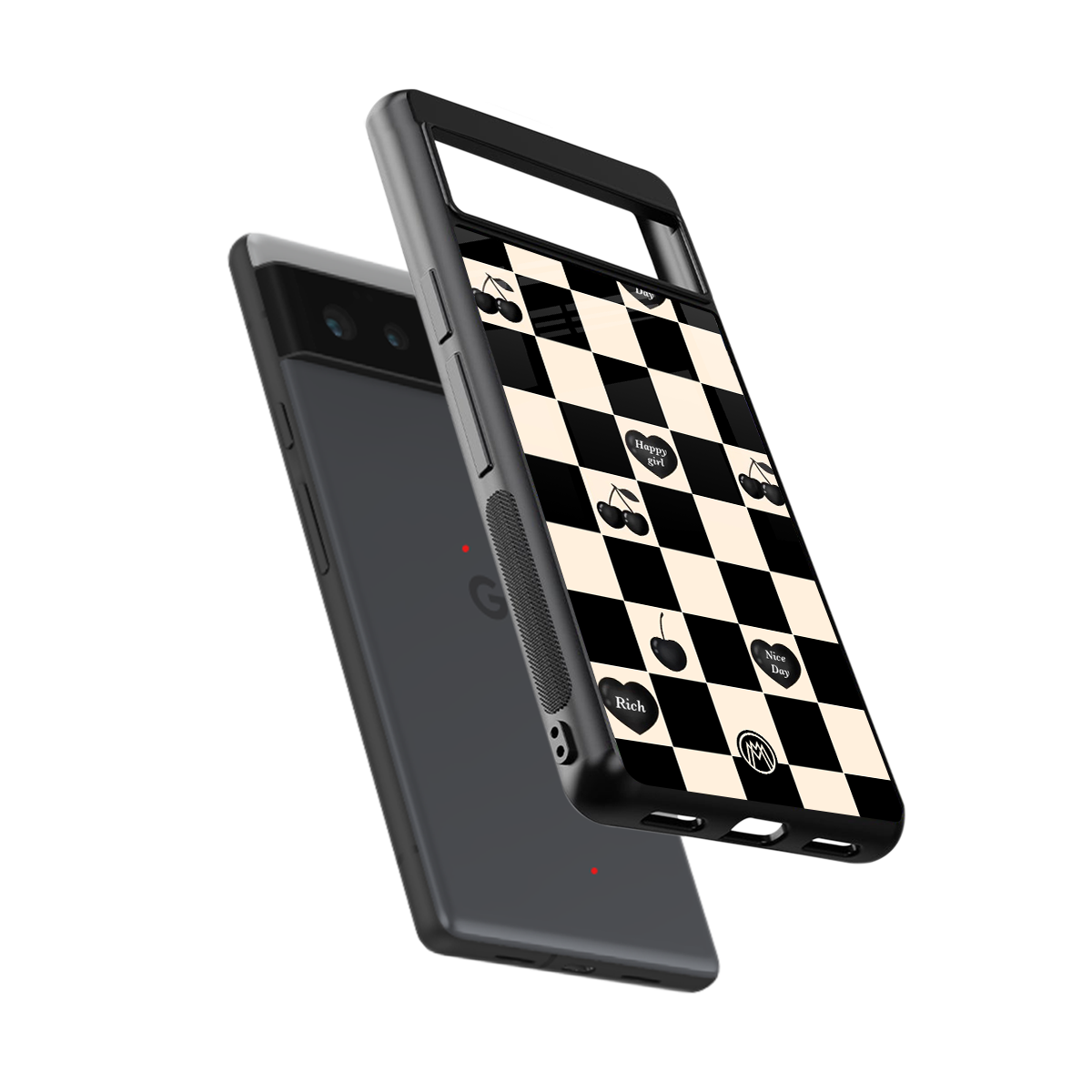 black cherries check pattern back phone cover | glass case for google pixel 6