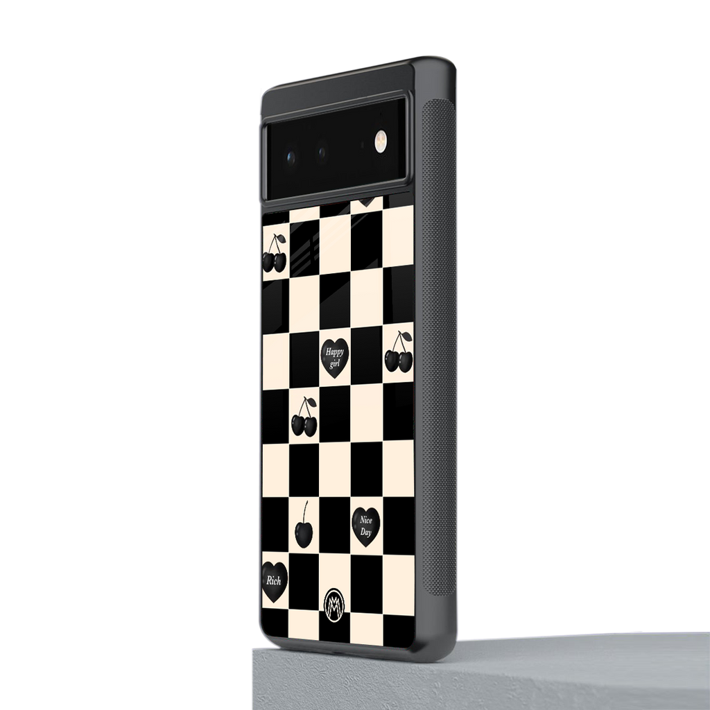 black cherries check pattern back phone cover | glass case for google pixel 6