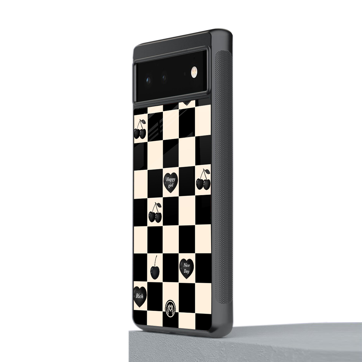 black cherries check pattern back phone cover | glass case for google pixel 6