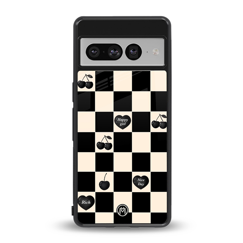 black cherries check pattern back phone cover | glass case for google pixel 7 pro