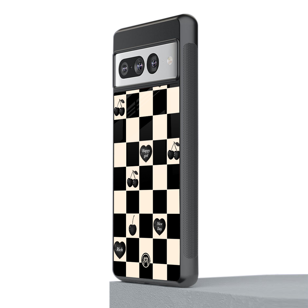 black cherries check pattern back phone cover | glass case for google pixel 7 pro