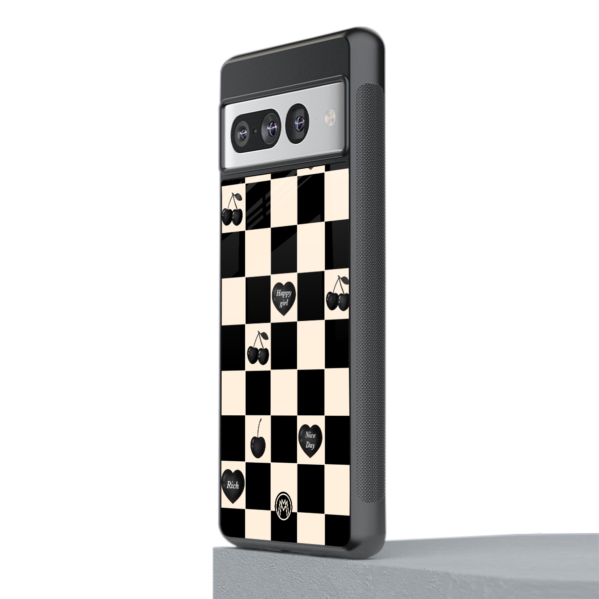 black cherries check pattern back phone cover | glass case for google pixel 7 pro