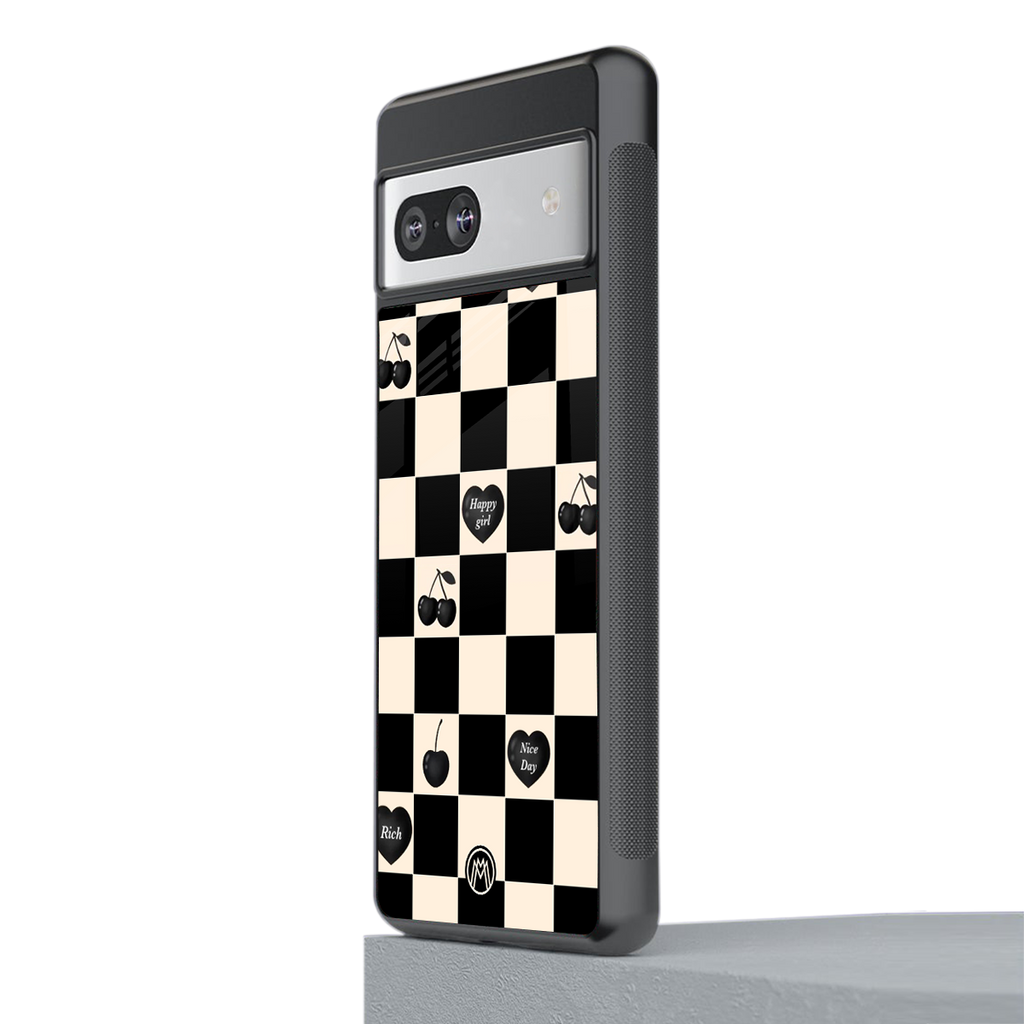 black cherries check pattern back phone cover | glass case for Google Pixel 7
