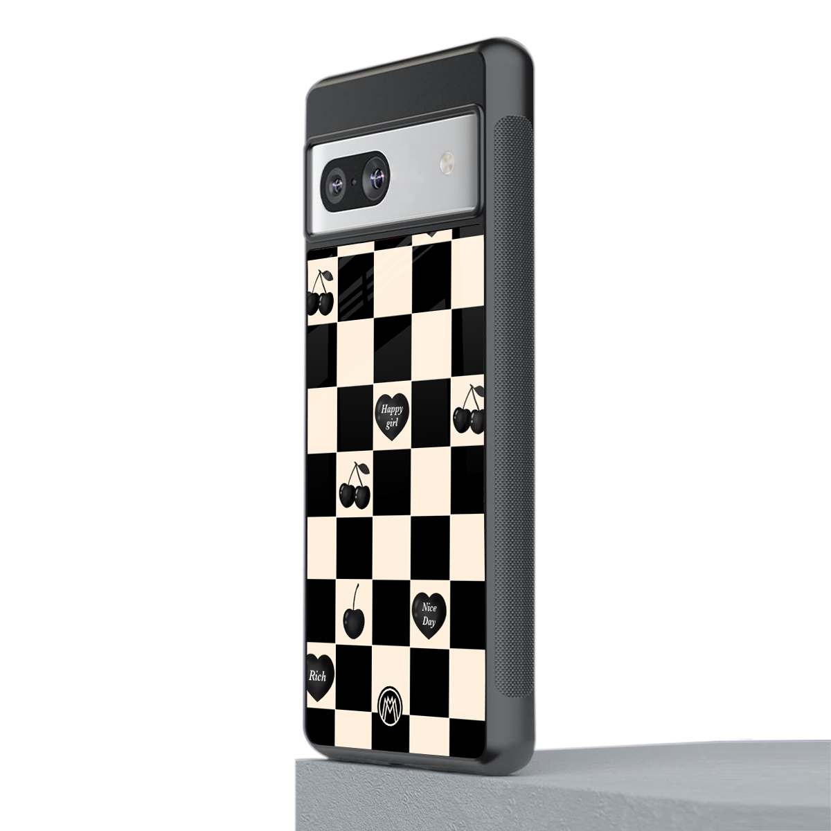 black cherries check pattern back phone cover | glass case for Google Pixel 7A