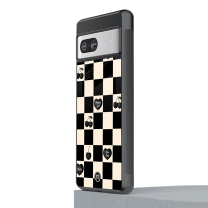 black cherries check pattern back phone cover | glass case for Google Pixel 7A