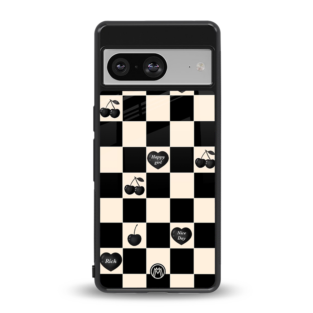 black cherries check pattern back phone cover | glass case for Google Pixel 8