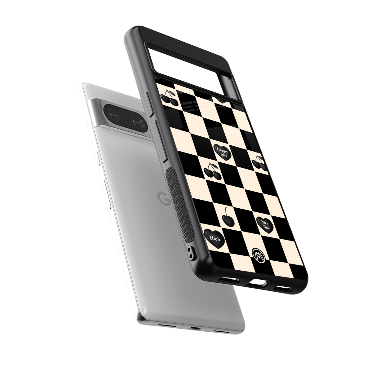 black cherries check pattern back phone cover | glass case for Google Pixel 8