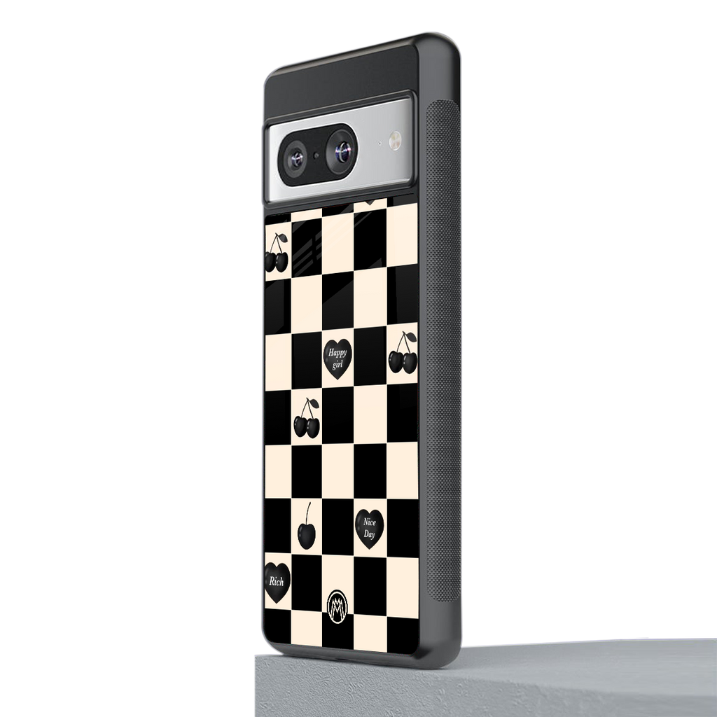 black cherries check pattern back phone cover | glass case for Google Pixel 8