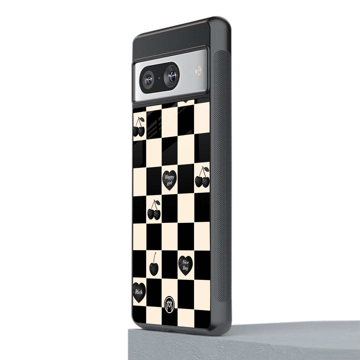 black cherries check pattern back phone cover | glass case for Google Pixel 8