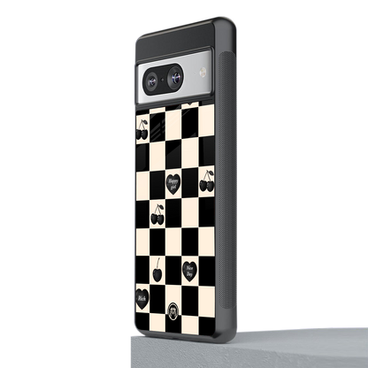 black cherries check pattern back phone cover | glass case for Google Pixel 8