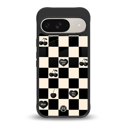 black cherries check pattern back phone cover | glass case for google pixel 9