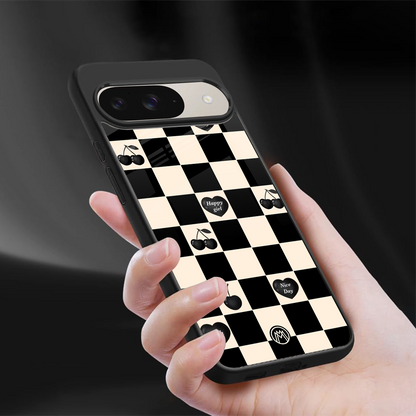 black cherries check pattern back phone cover | glass case for google pixel 9