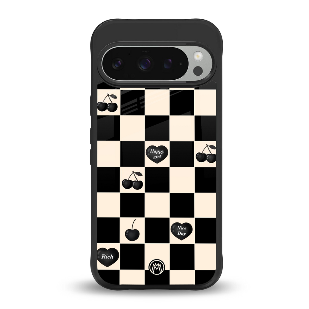 black cherries check pattern back phone cover | glass case for google pixel 9 pro