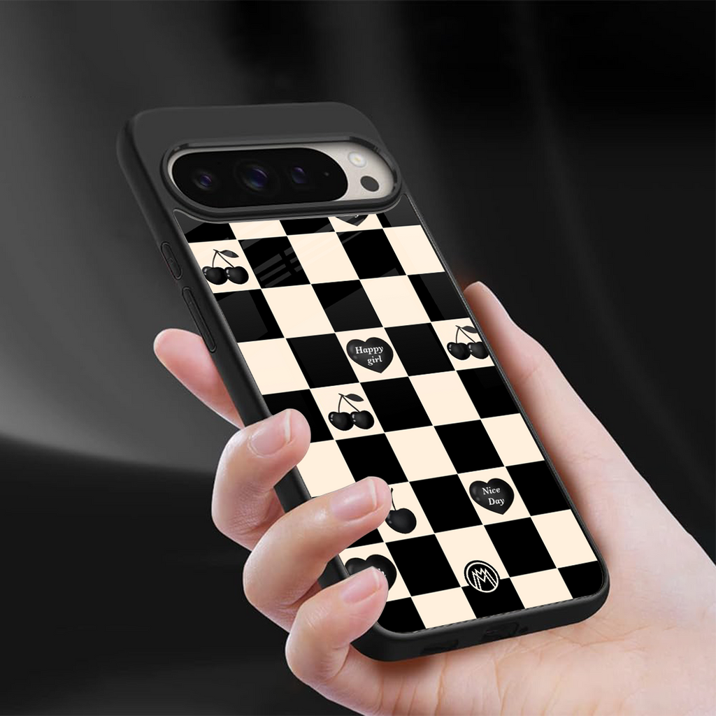 black cherries check pattern back phone cover | glass case for google pixel 9 pro xl