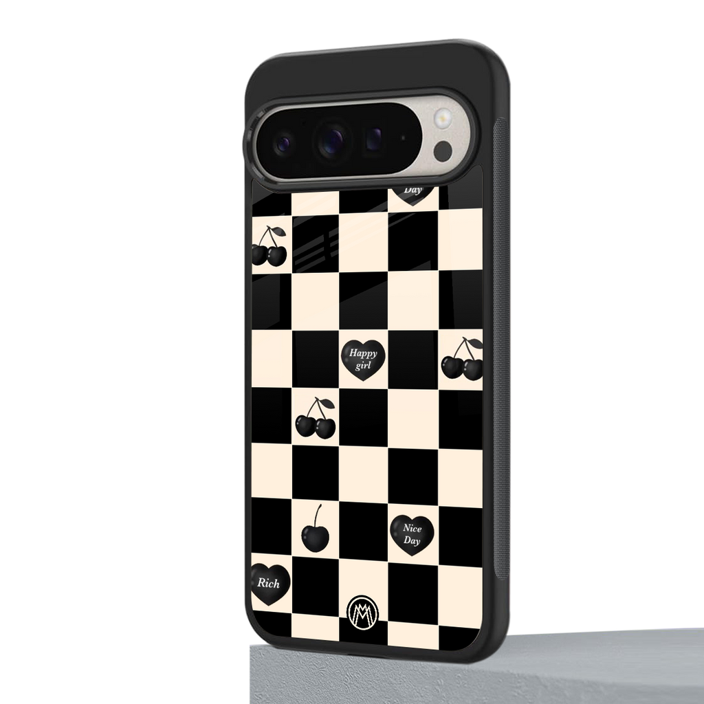 black cherries check pattern back phone cover | glass case for google pixel 9 pro