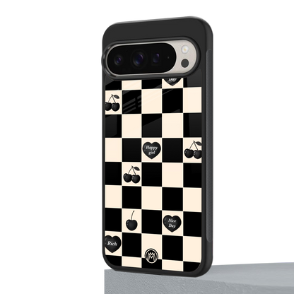 black cherries check pattern back phone cover | glass case for google pixel 9 pro xl