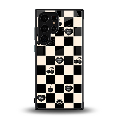 black cherries check pattern back phone cover | glass case for samsung galaxy s24 ultra