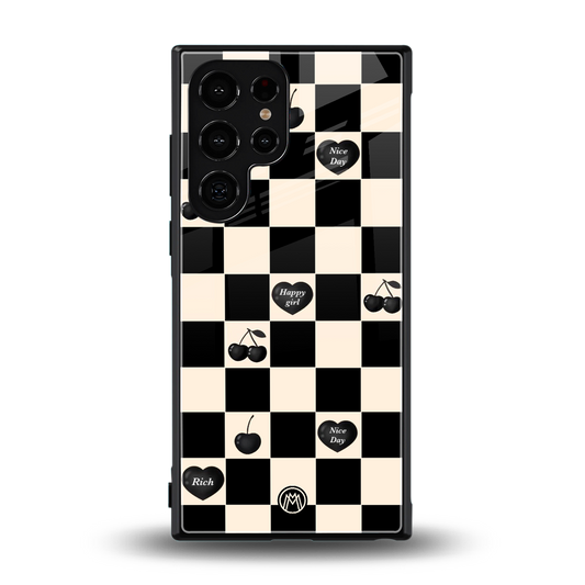 black cherries check pattern back phone cover | glass case for samsung galaxy s24 ultra