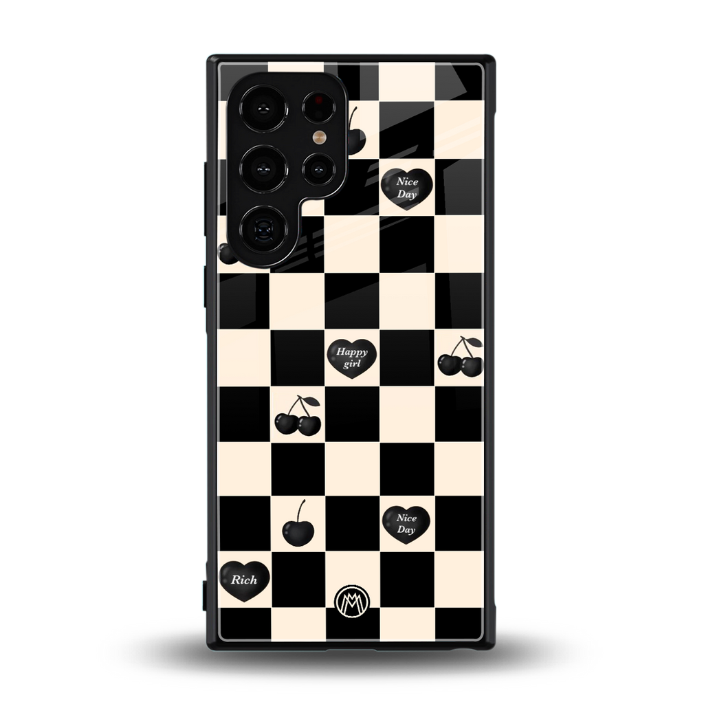 black cherries check pattern back phone cover | glass case for samsung galaxy s23 ultra