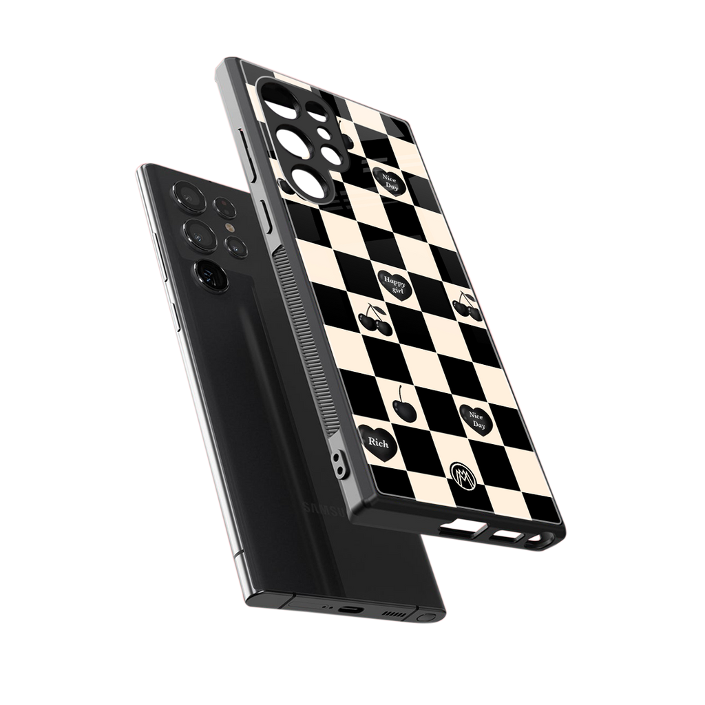 black cherries check pattern back phone cover | glass case for samsung galaxy s24 ultra