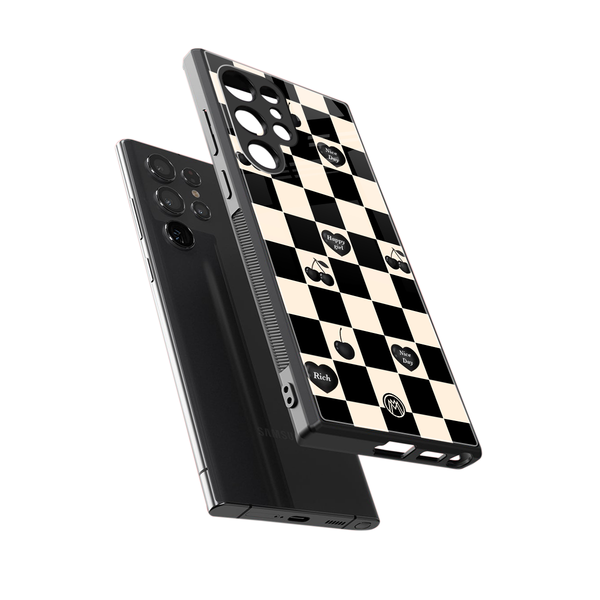 black cherries check pattern back phone cover | glass case for samsung galaxy s24 ultra