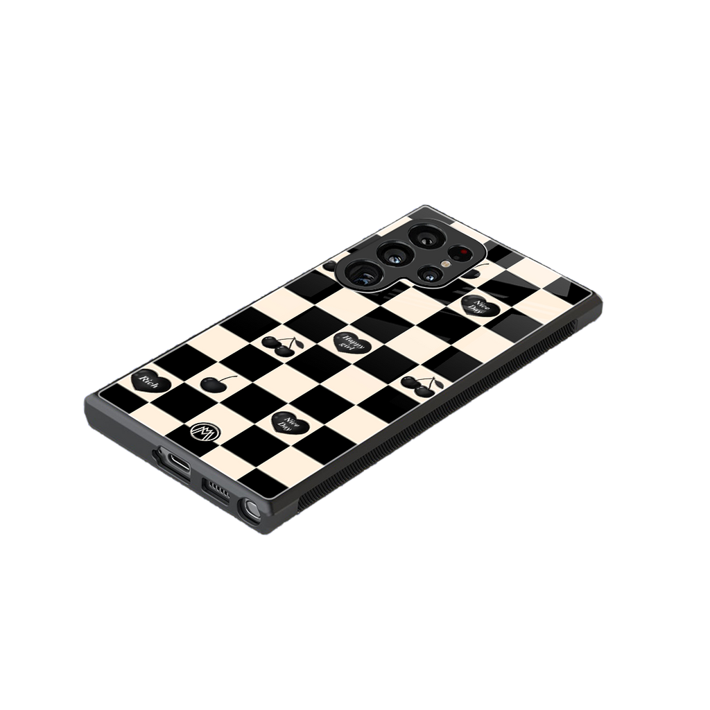 black cherries check pattern back phone cover | glass case for samsung galaxy s23 ultra