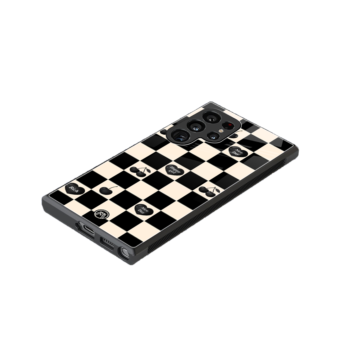 black cherries check pattern back phone cover | glass case for samsung galaxy s23 ultra