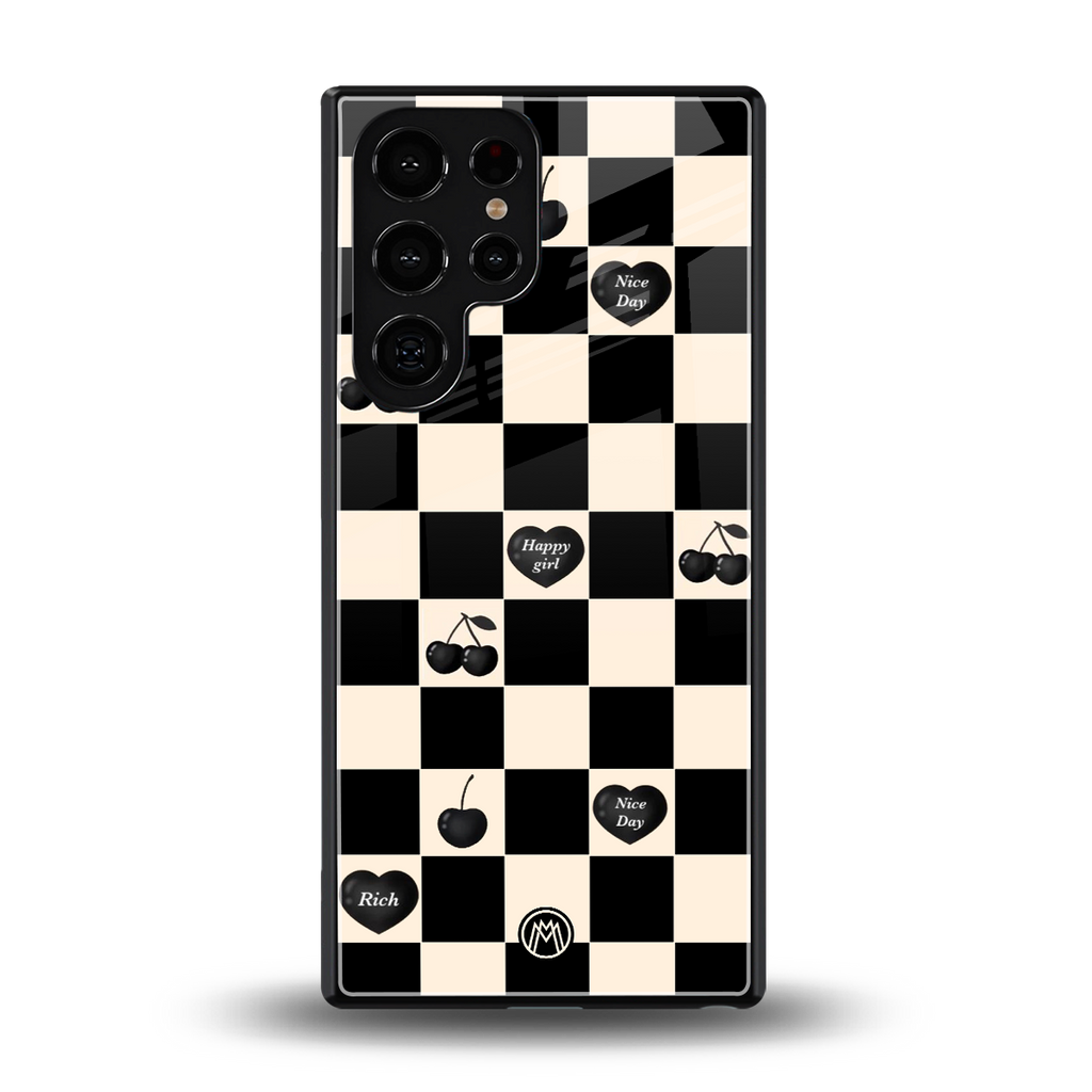black cherries check pattern back phone cover | glass case for samsung galaxy s25 ultra