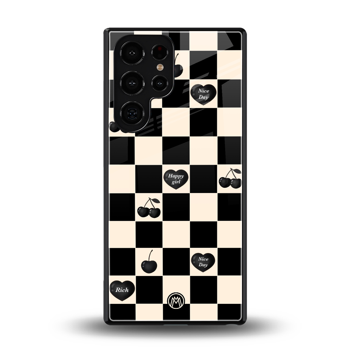 black cherries check pattern back phone cover | glass case for samsung galaxy s25 ultra