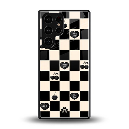 black cherries check pattern back phone cover | glass case for samsung galaxy s25 ultra