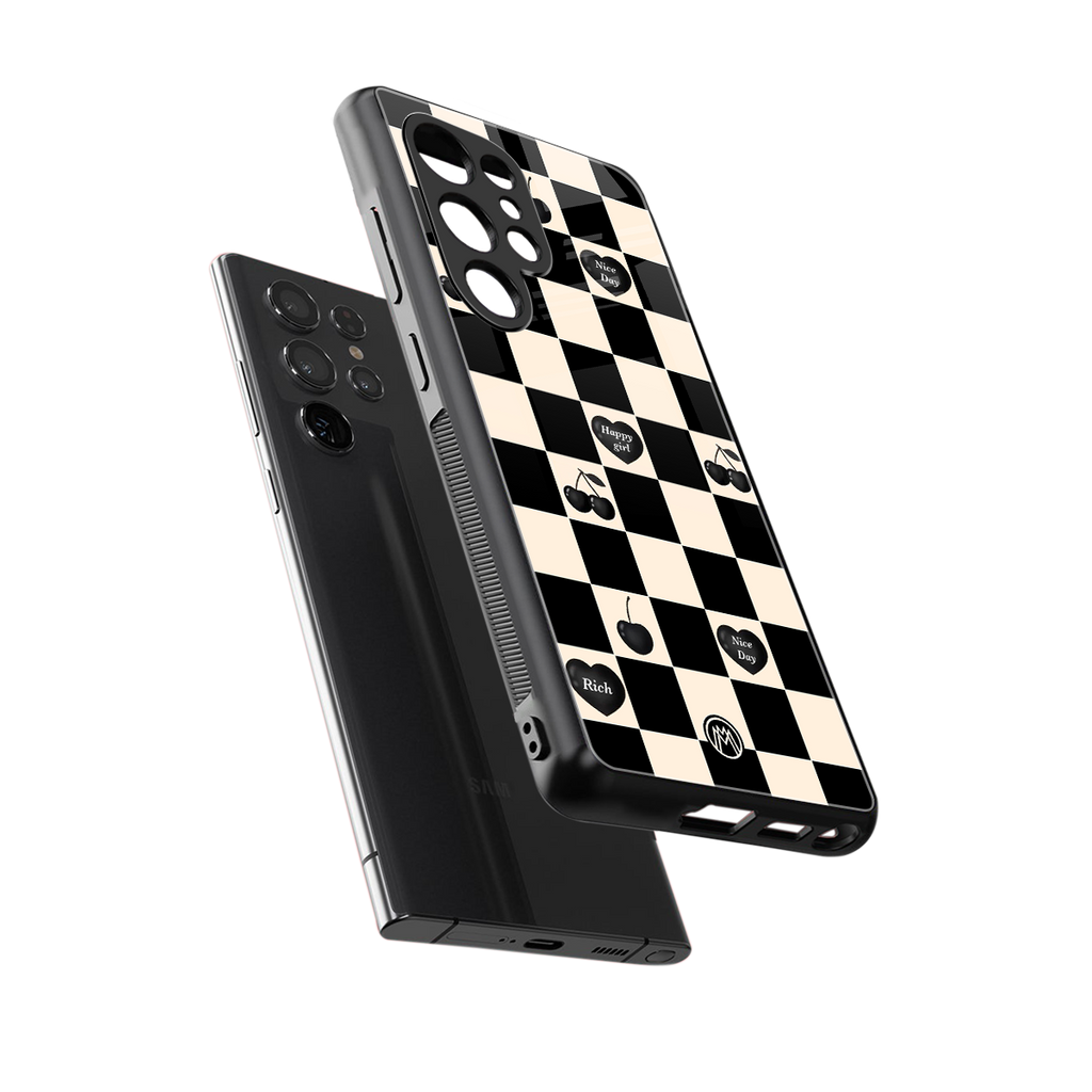 black cherries check pattern back phone cover | glass case for samsung galaxy s25 ultra