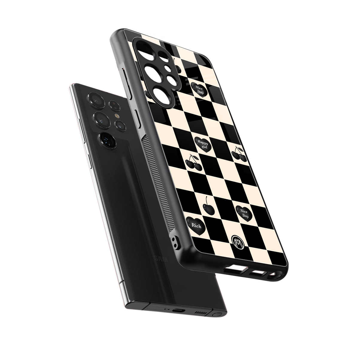 black cherries check pattern back phone cover | glass case for samsung galaxy s25 ultra