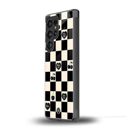 black cherries check pattern back phone cover | glass case for samsung galaxy s25 ultra