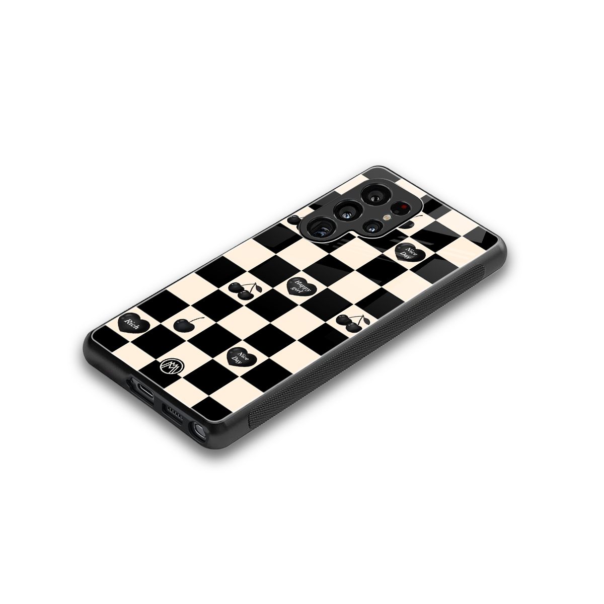 black cherries check pattern back phone cover | glass case for samsung galaxy s25 ultra