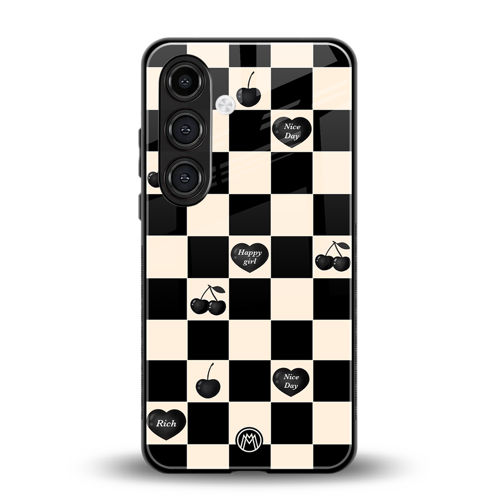 black cherries check pattern back phone cover | glass case for samsung galaxy s23