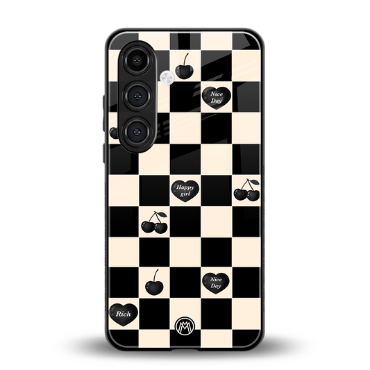 black cherries check pattern back phone cover | glass case for samsung galaxy s24 plus