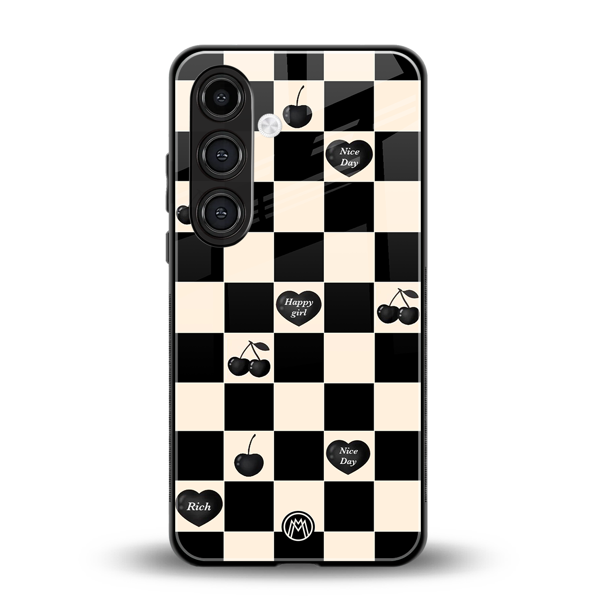 black cherries check pattern back phone cover | glass case for samsung galaxy s24 fe