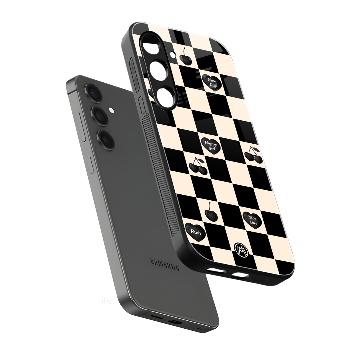 black cherries check pattern back phone cover | glass case for samsung galaxy s24 plus