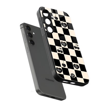 black cherries check pattern back phone cover | glass case for samsung galaxy s23 plus