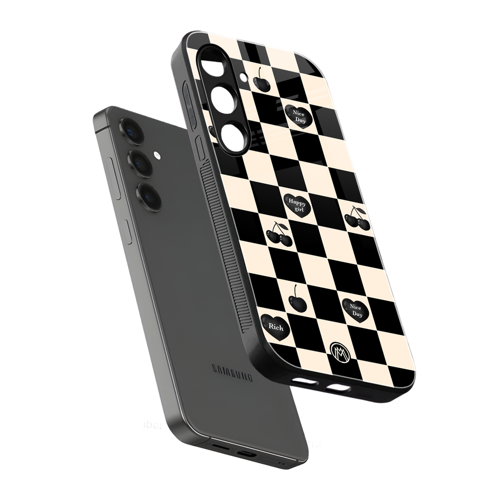 black cherries check pattern back phone cover | glass case for samsung galaxy s25 plus
