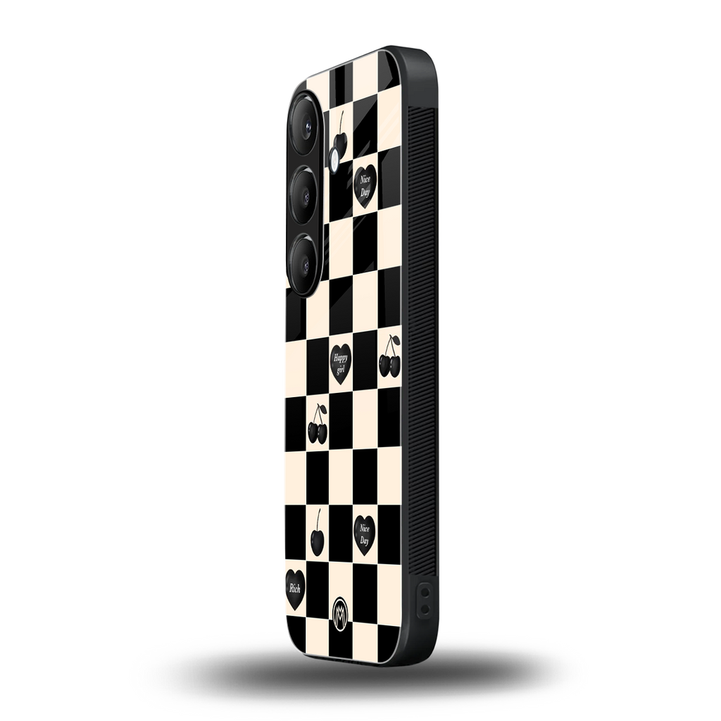 black cherries check pattern back phone cover | glass case for samsung galaxy s23