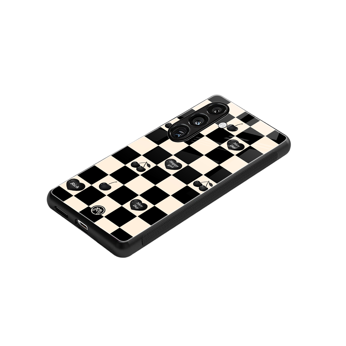 black cherries check pattern back phone cover | glass case for samsung galaxy s23 plus