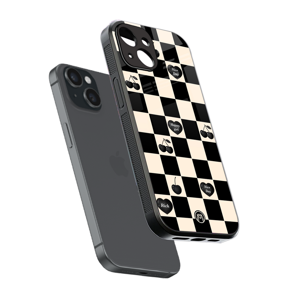 black cherries check pattern back phone cover | glass case for iphone 15