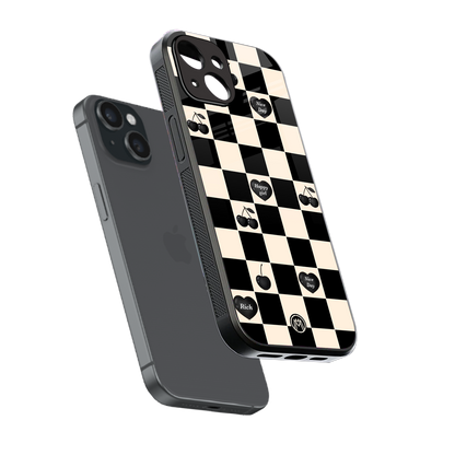 black cherries check pattern back phone cover | glass case for iphone 15